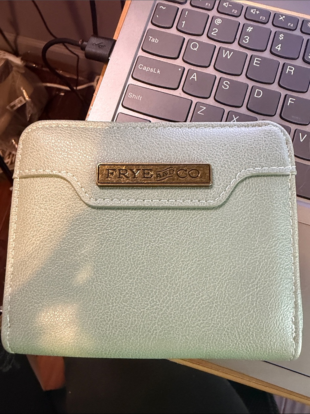 FRYE AND CO. Mint Green Leather Bifold Wallet with Brass Logo